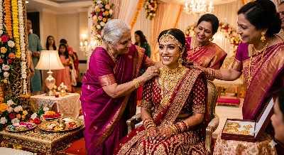 Indian bride wearing traditional gold jewelry during a wedding ceremony