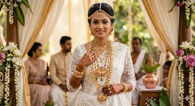 Sri Lankan bride wearing traditional gold jewelry during a wedding ceremony